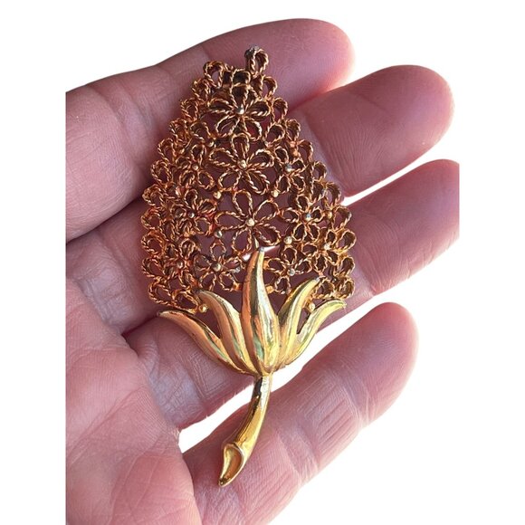 Vintage Mamselle Gold-Tone Filigree Floral Leaf Brooch Pin - Picture 3 of 11